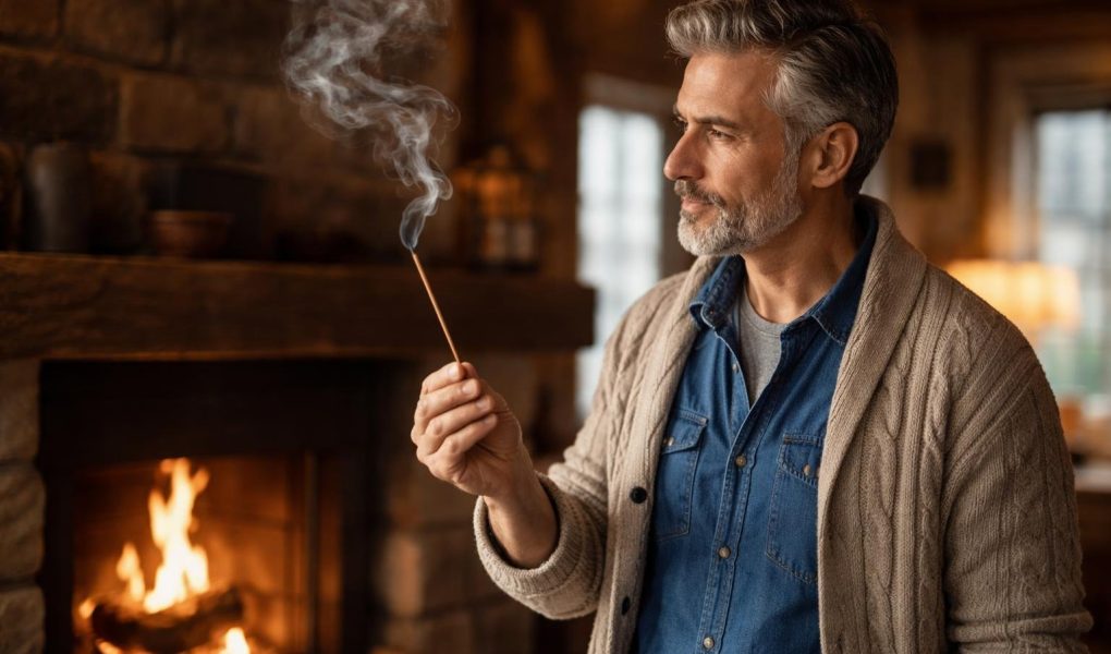 homme-mature-cheminee-baton-encens