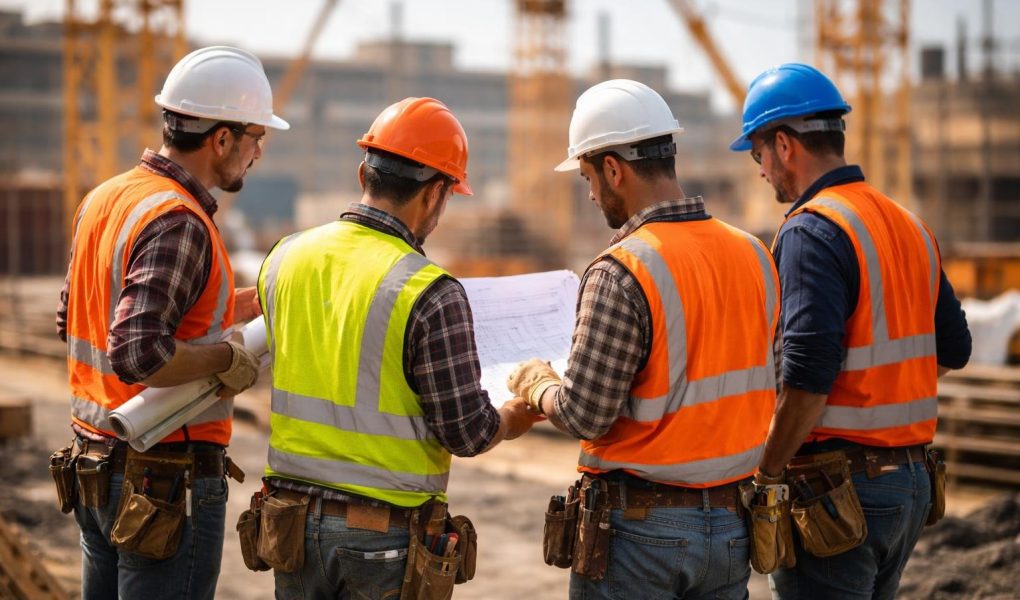 travailleurs-chantier-discussion-grues-arriere-plan