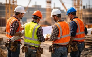 travailleurs-chantier-discussion-grues-arriere-plan