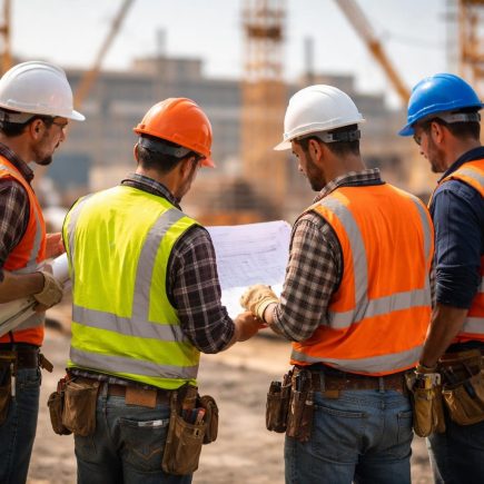 travailleurs-chantier-discussion-grues-arriere-plan