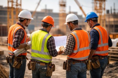 travailleurs-chantier-discussion-grues-arriere-plan