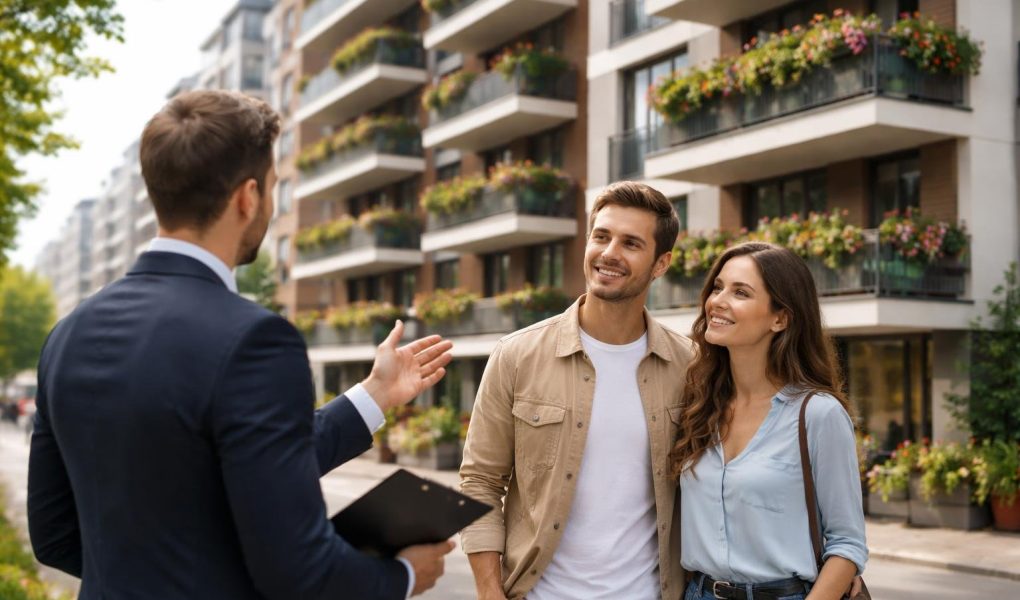 immeuble-moderne-balcons-fleuris-couple-agent