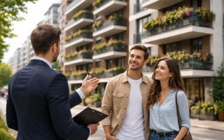 immeuble-moderne-balcons-fleuris-couple-agent