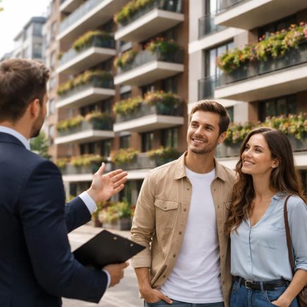 immeuble-moderne-balcons-fleuris-couple-agent