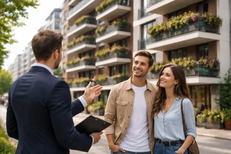 immeuble-moderne-balcons-fleuris-couple-agent