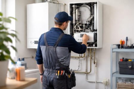 technicien-examine-chaudiere-buanderie