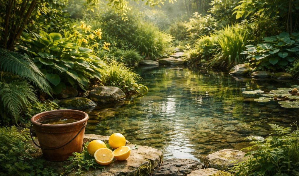 jardin-luxuriant-etang-buissons-citrons