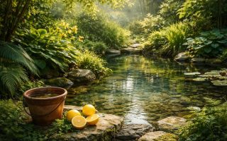 jardin-luxuriant-etang-buissons-citrons