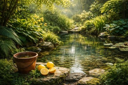 jardin-luxuriant-etang-buissons-citrons